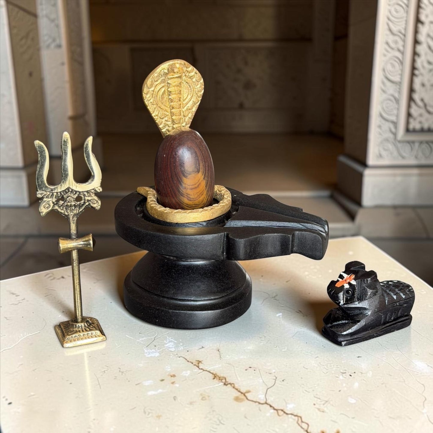 Authentic 2 Inch Narmadeshwar Shivling with Naag, Trishul & Nandi variant_title for pooja mandir