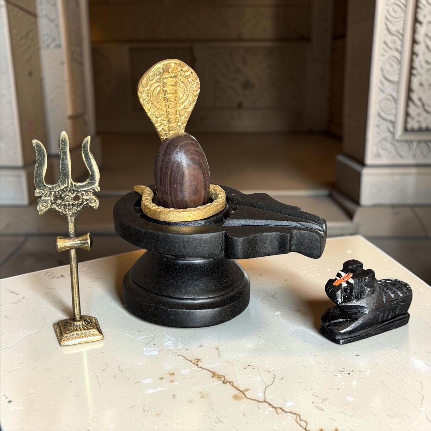 Authentic 2 Inch Narmadeshwar Shivling with Naag, Trishul & Nandi variant_title for pooja mandir