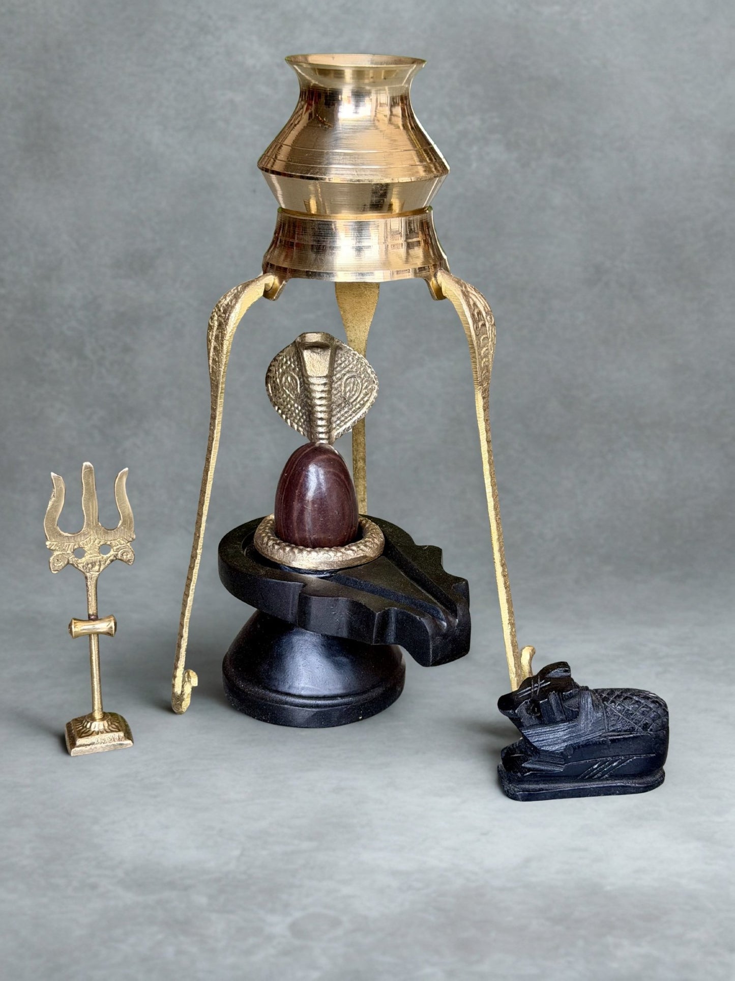 Shivling Full Set – 2 Inch Narmada Stone Shivling with 4 Inch Jaladhari, Naag, Trishul, Brass Kalash Stand & Marble Nandi variant_title for pooja mandir