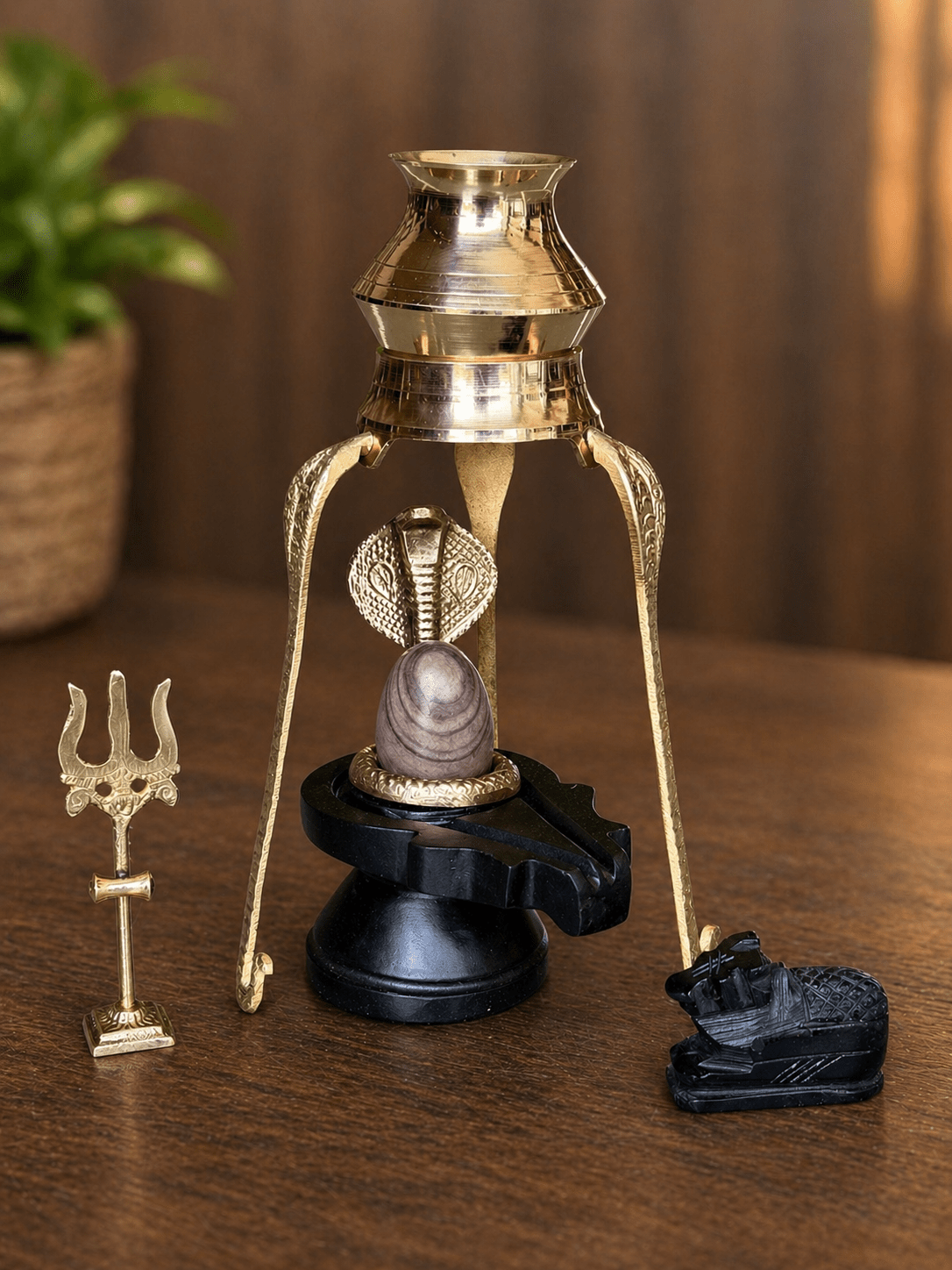 Shivling Full Set – 2 Inch Narmada Stone Shivling with 4 Inch Jaladhari, Naag, Trishul, Brass Kalash Stand & Marble Nandi variant_title for pooja mandir