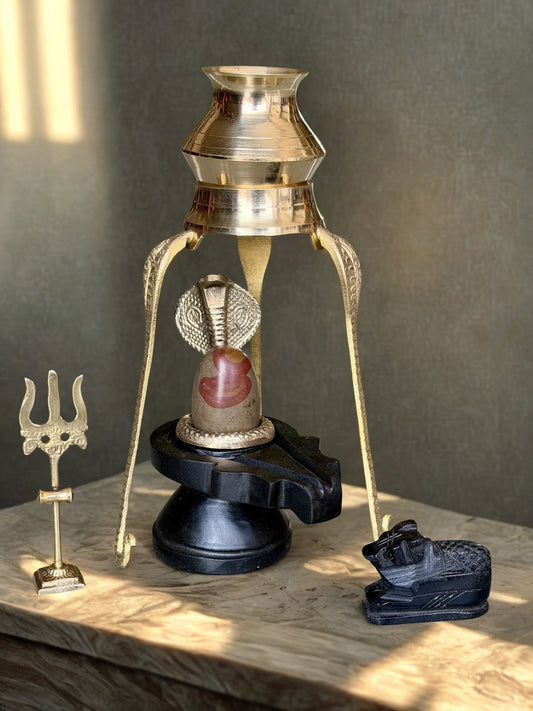 Shivling Full Set – 2 Inch Narmada Stone Shivling with 4 Inch Jaladhari, Naag, Trishul, Brass Kalash Stand & Marble Nandi variant_title for pooja mandir