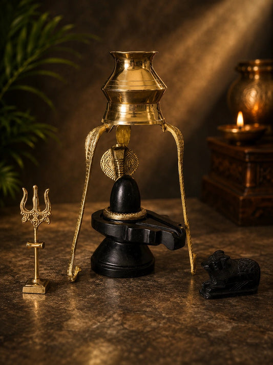 Shivling Full Set – 2 Inch Narmada Stone Shivling with 4 Inch Jaladhari, Naag, Trishul, Brass Kalash Stand & Marble Nandi variant_title for pooja mandir