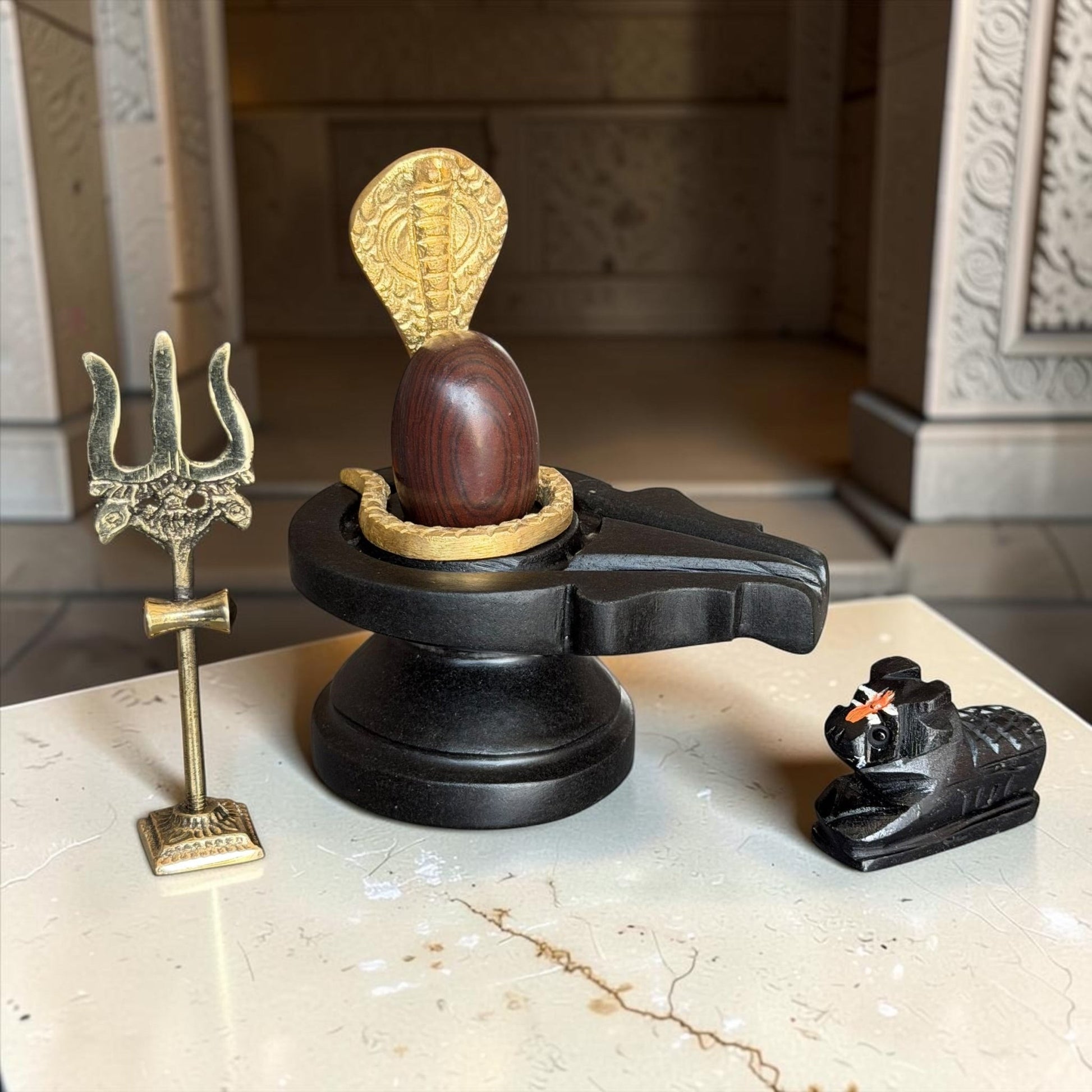 Authentic 2 Inch Narmadeshwar Shivling with Naag, Trishul & Nandi variant_title for pooja mandir