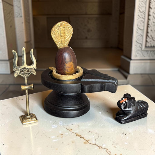 Authentic 2 Inch Narmadeshwar Shivling with Naag, Trishul & Nandi variant_title for pooja mandir