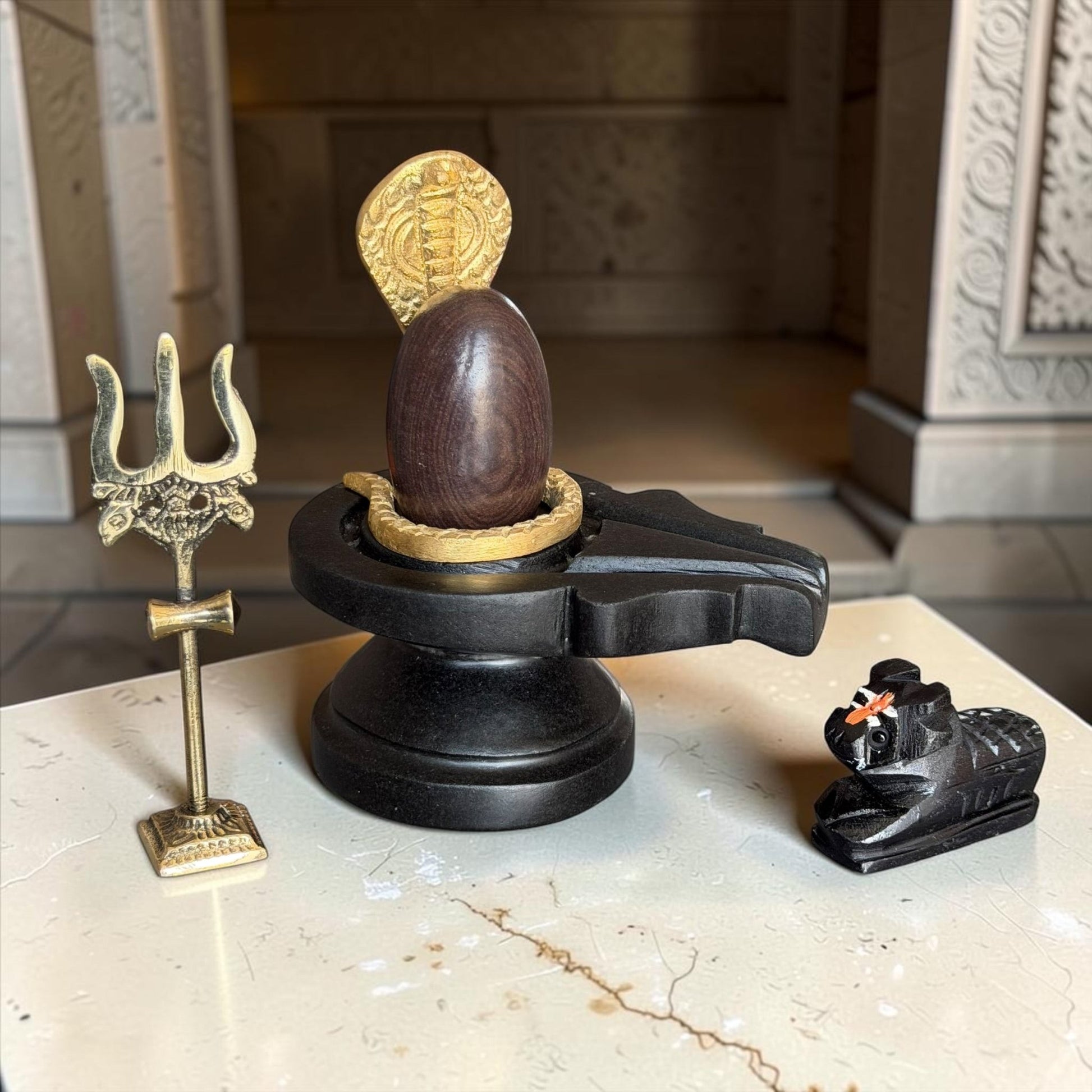 Authentic 2 Inch Narmadeshwar Shivling with Naag, Trishul & Nandi variant_title for pooja mandir
