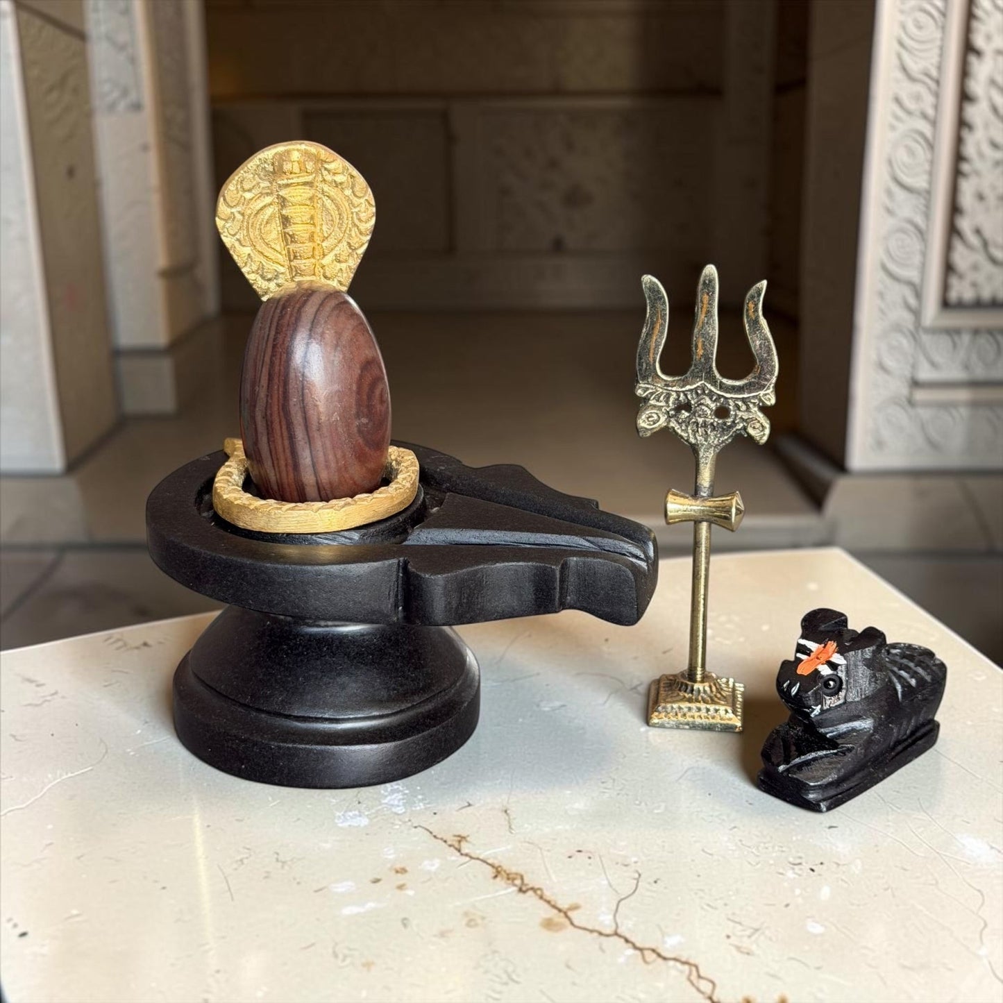 Authentic 2 Inch Narmadeshwar Shivling with Naag, Trishul & Nandi variant_title for pooja mandir
