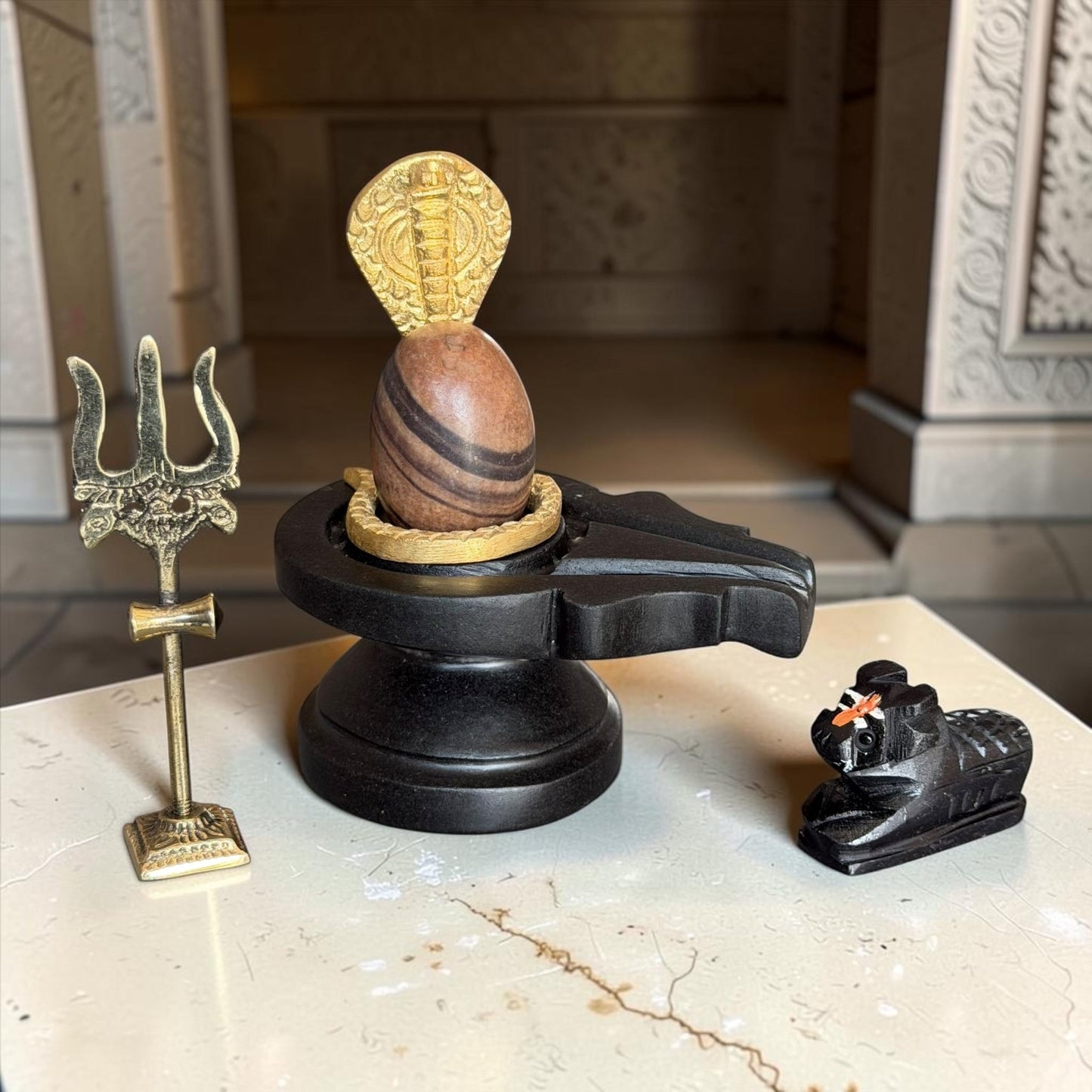 Authentic 2 Inch Narmadeshwar Shivling with Naag, Trishul & Nandi variant_title for pooja mandir