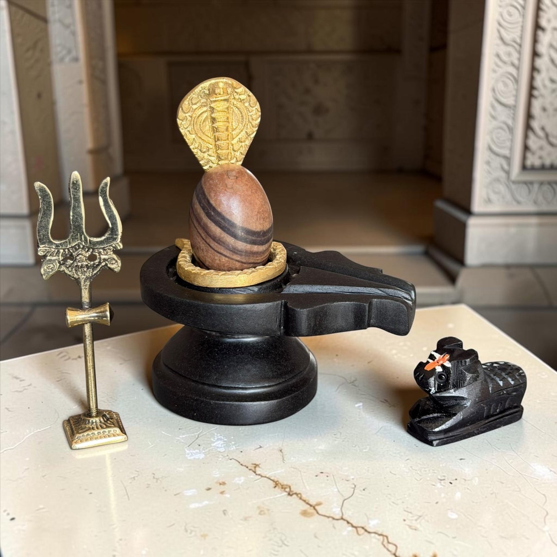 Authentic 2 Inch Narmadeshwar Shivling with Naag, Trishul & Nandi variant_title for pooja mandir