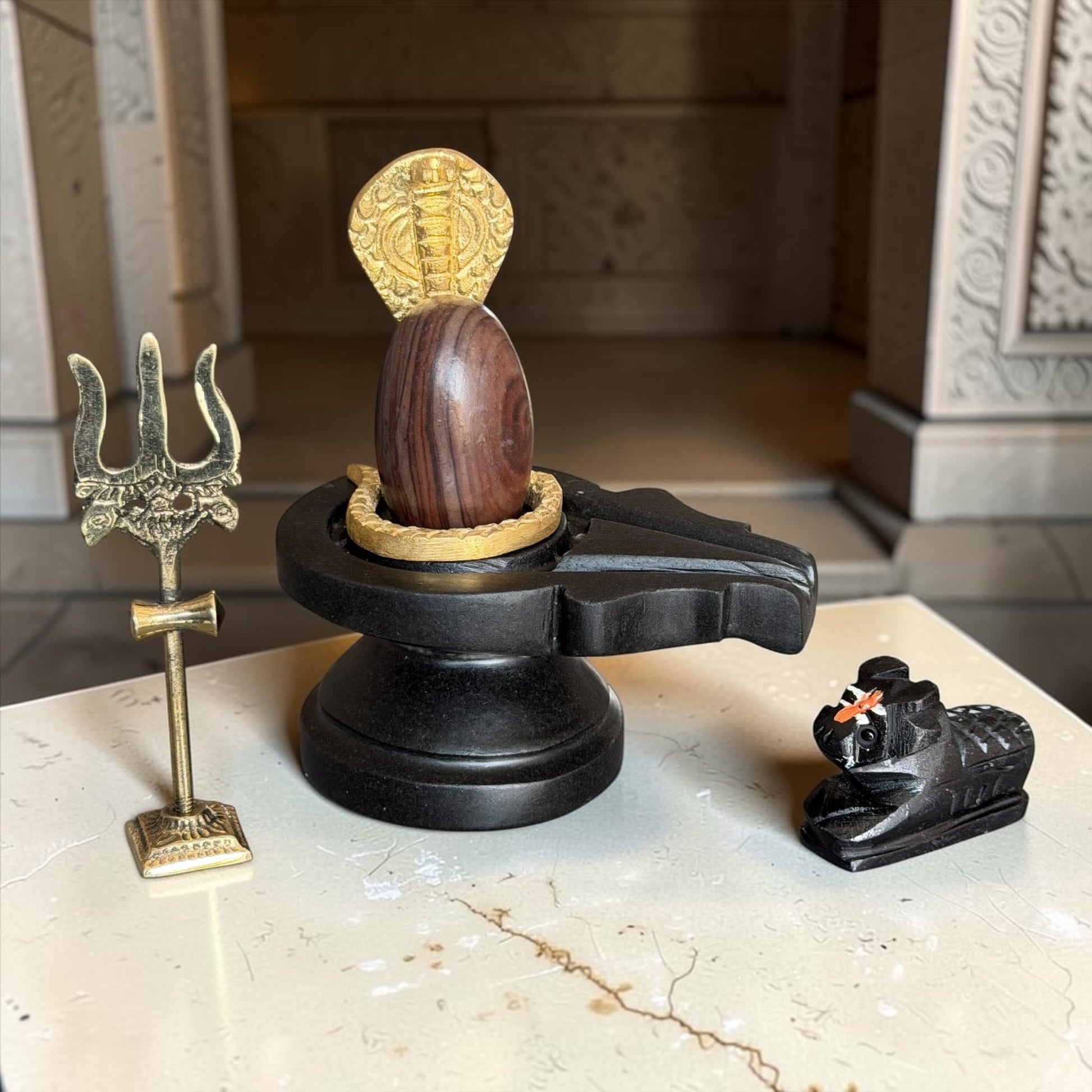Authentic 2 Inch Narmadeshwar Shivling with Naag, Trishul & Nandi variant_title for pooja mandir