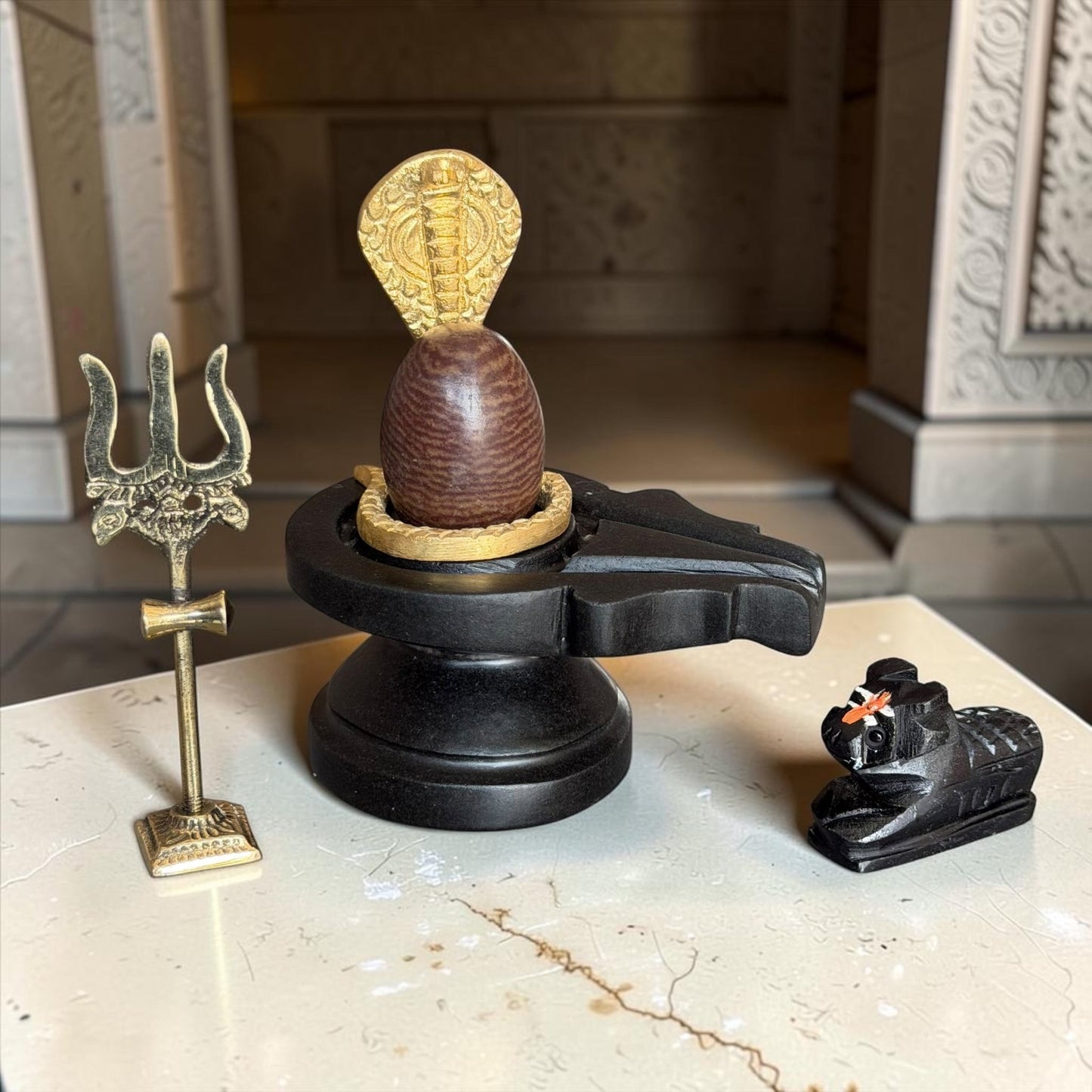 Authentic 2 Inch Narmadeshwar Shivling with Naag, Trishul & Nandi variant_title for pooja mandir
