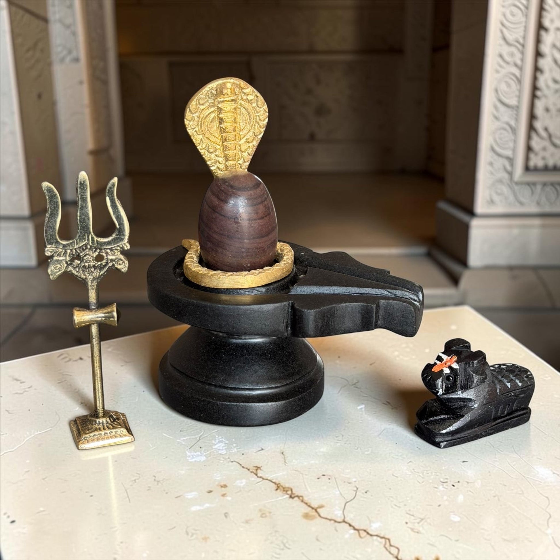 Authentic 2 Inch Narmadeshwar Shivling with Naag, Trishul & Nandi variant_title for pooja mandir