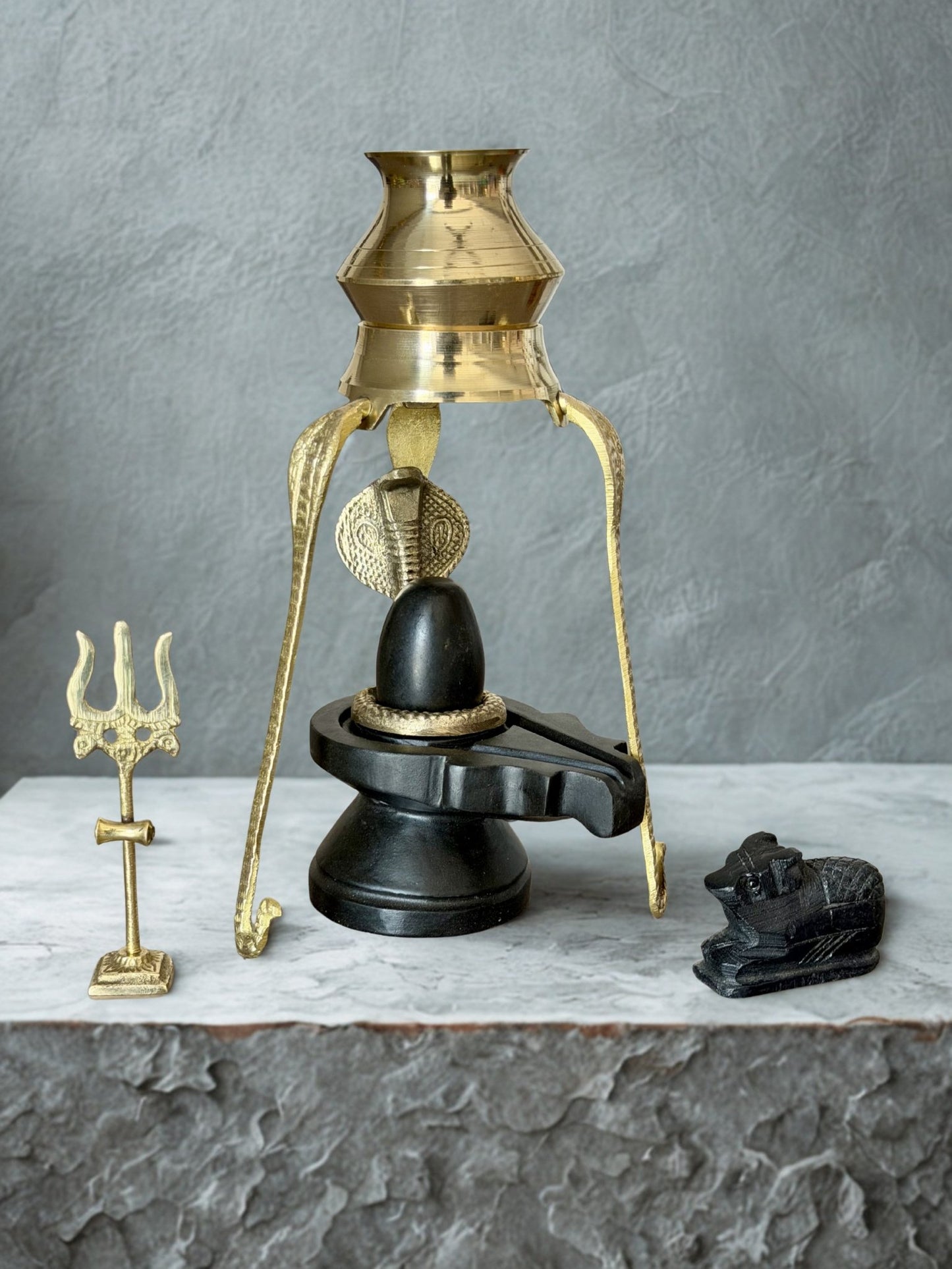 Shivling Full Set – 2 Inch Narmada Stone Shivling with 4 Inch Jaladhari, Naag, Trishul, Brass Kalash Stand & Marble Nandi variant_title for pooja mandir
