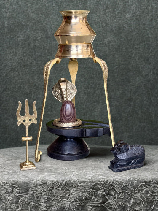 Shivling Full Set – 2 Inch Narmada Stone Shivling with 4 Inch Jaladhari, Naag, Trishul, Brass Kalash Stand & Marble Nandi variant_title for pooja mandir