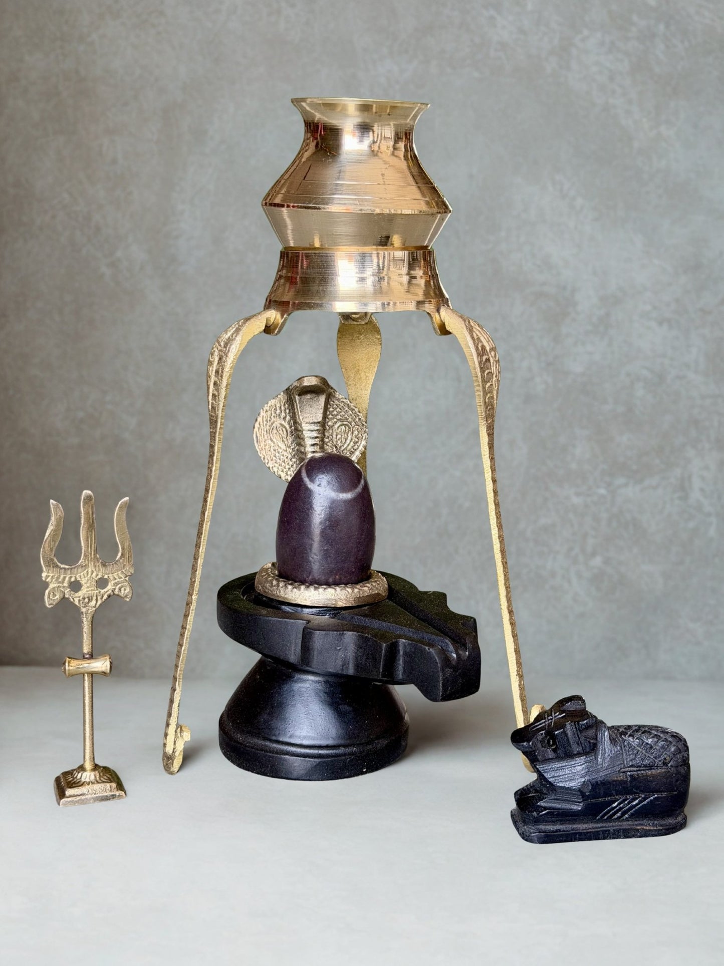 Shivling Full Set – 2 Inch Narmada Stone Shivling with 4 Inch Jaladhari, Naag, Trishul, Brass Kalash Stand & Marble Nandi variant_title for pooja mandir
