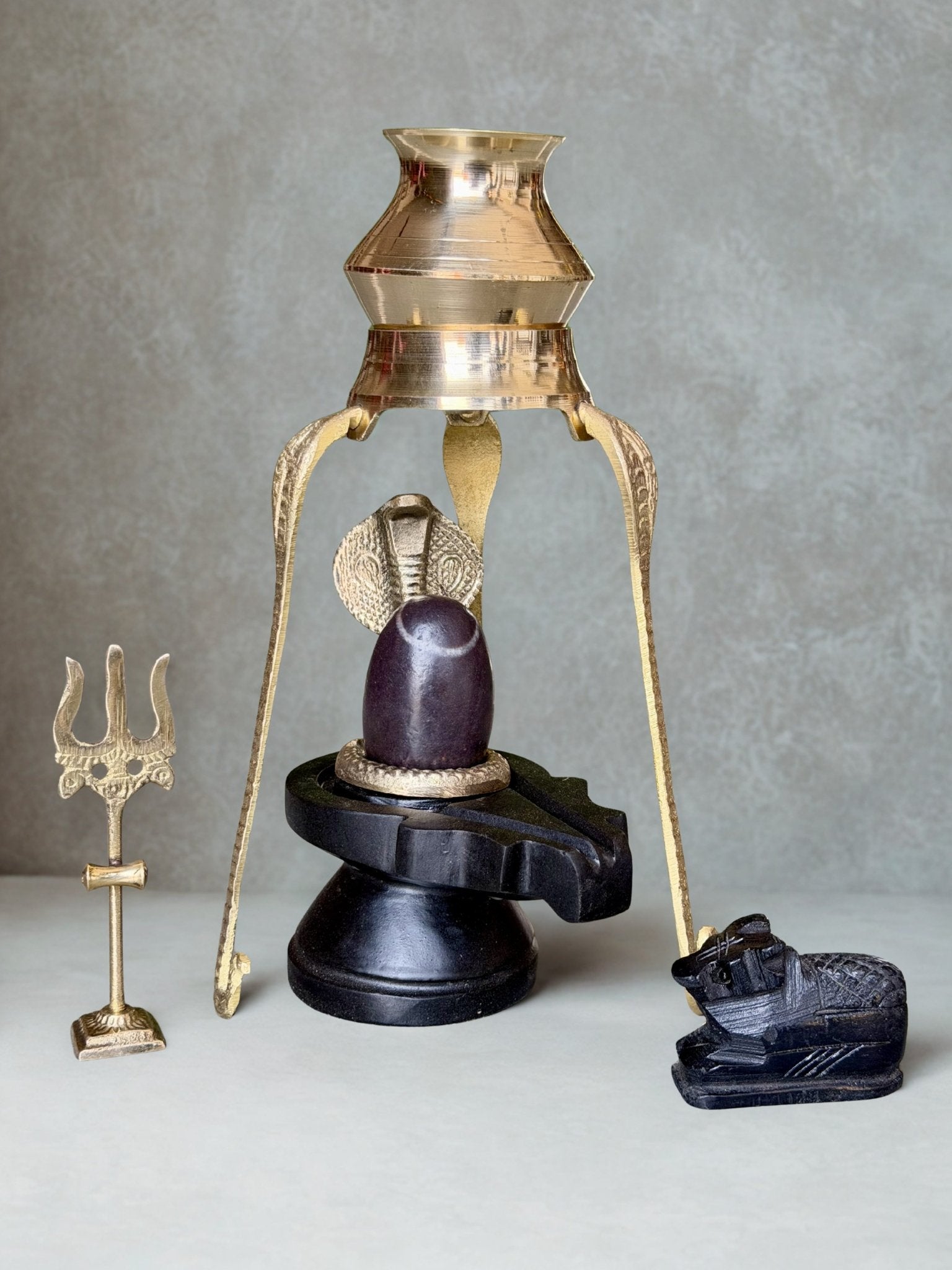 Shivling Full Set – 2 Inch Narmada Stone Shivling with 4 Inch Jaladhari, Naag, Trishul, Brass Kalash Stand & Marble Nandi variant_title for pooja mandir