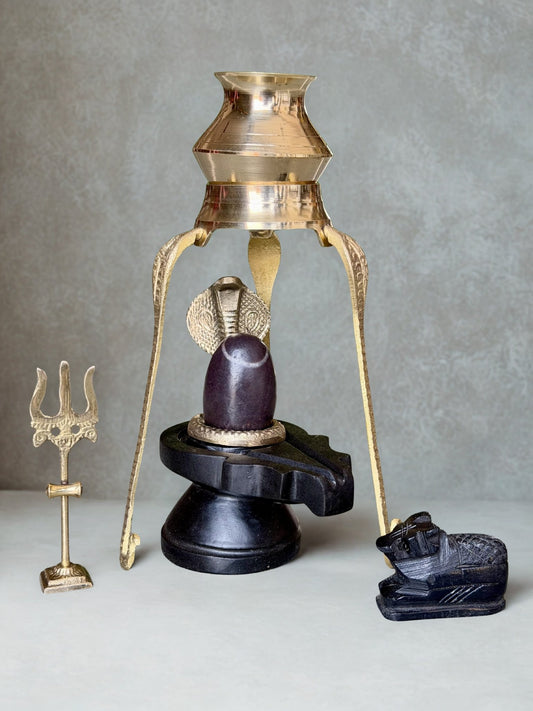 Shivling Full Set – 2 Inch Narmada Stone Shivling with 4 Inch Jaladhari, Naag, Trishul, Brass Kalash Stand & Marble Nandi variant_title for pooja mandir