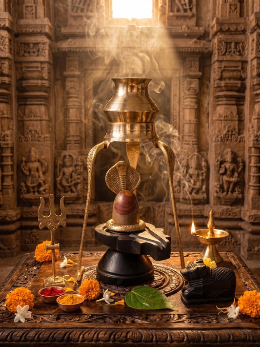 Shivling Full Set – 2 Inch Narmada Stone Shivling with 4 Inch Jaladhari, Naag, Trishul, Brass Kalash Stand & Marble Nandi variant_title for pooja mandir