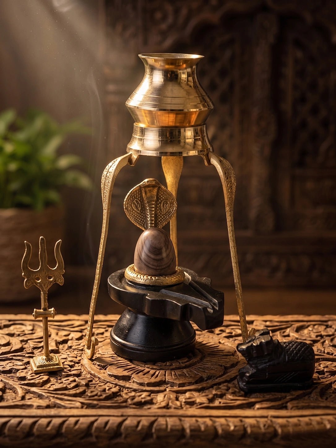 Shivling Full Set – 2 Inch Narmada Stone Shivling with 4 Inch Jaladhari, Naag, Trishul, Brass Kalash Stand & Marble Nandi variant_title for pooja mandir