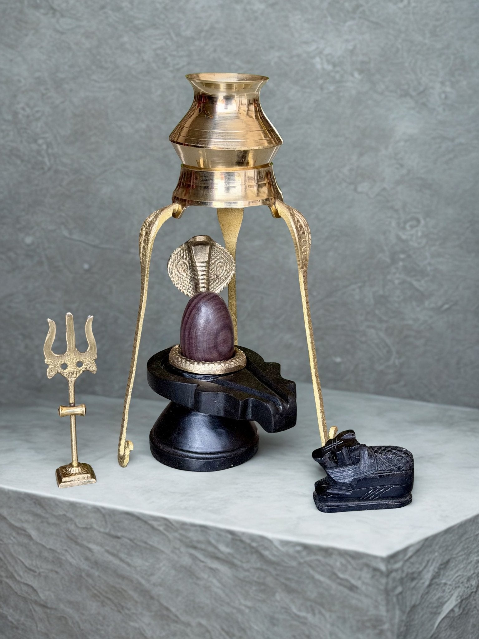Shivling Full Set – 2 Inch Narmada Stone Shivling with 4 Inch Jaladhari, Naag, Trishul, Brass Kalash Stand & Marble Nandi variant_title for pooja mandir