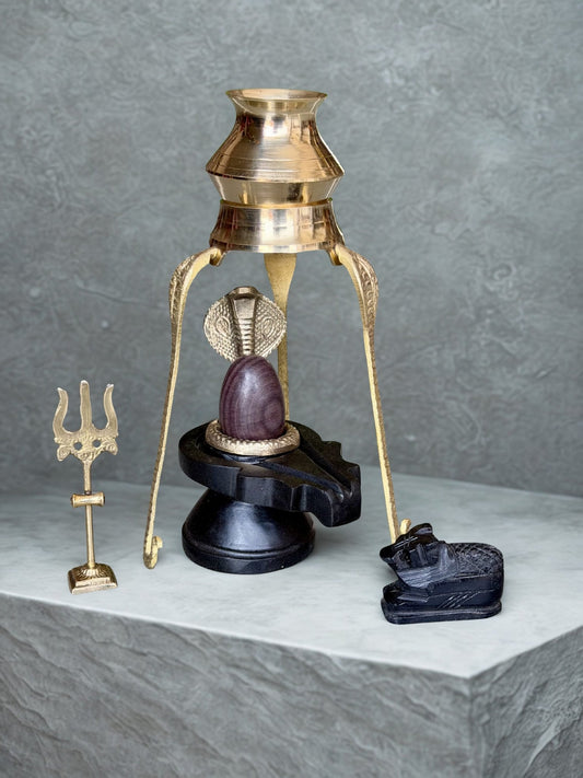Shivling Full Set – 2 Inch Narmada Stone Shivling with 4 Inch Jaladhari, Naag, Trishul, Brass Kalash Stand & Marble Nandi variant_title for pooja mandir