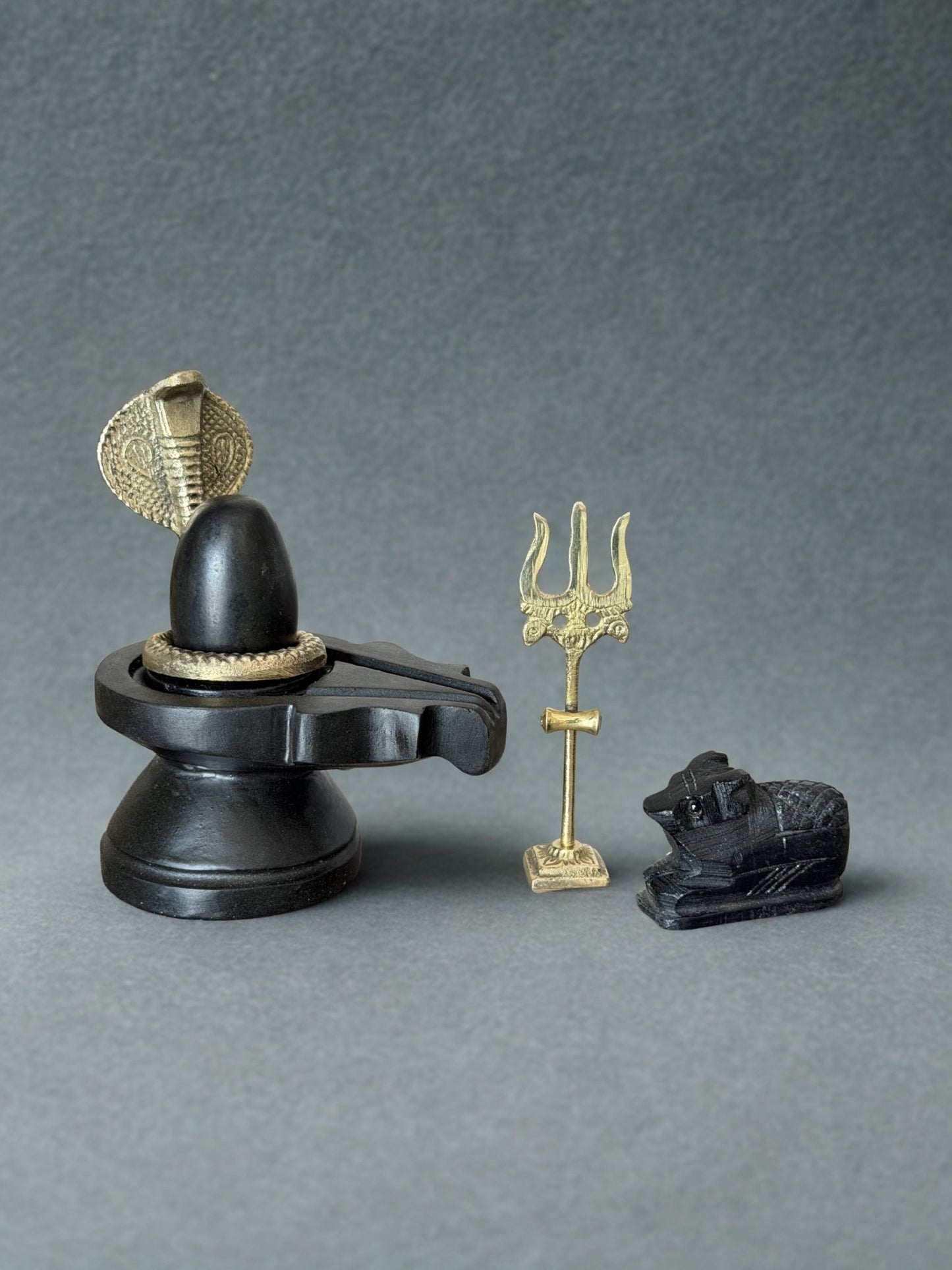 Shivling Set – 2 Inch Narmada Stone Shivling with 4 Inch Jaladhari, Brass Naag, Trishul & Marble Nandi variant_title for pooja mandir